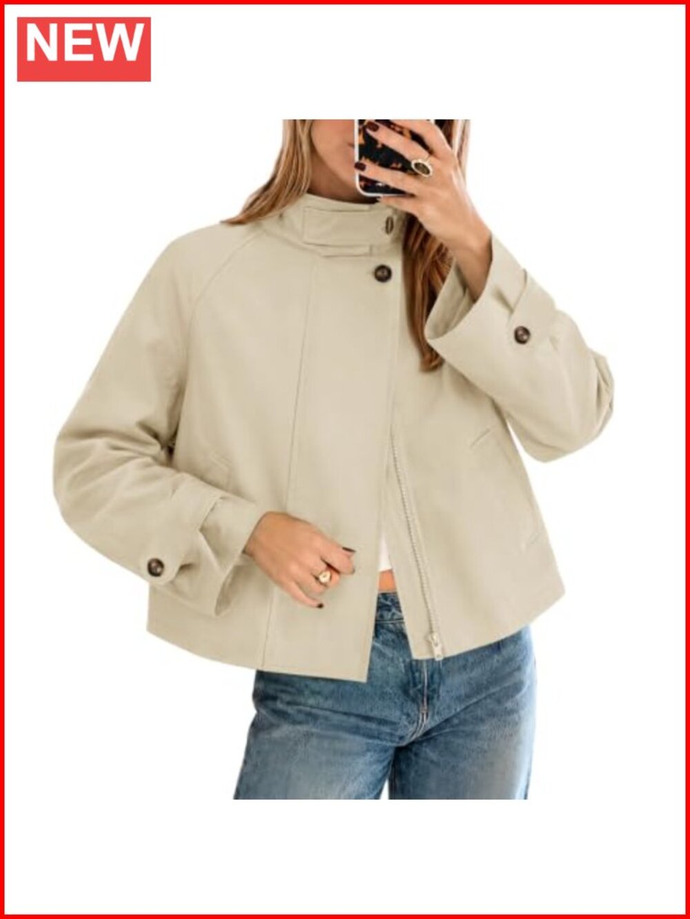 Women's Cropped Trench Coat Funnel Neck Zip Up Long Sleeve